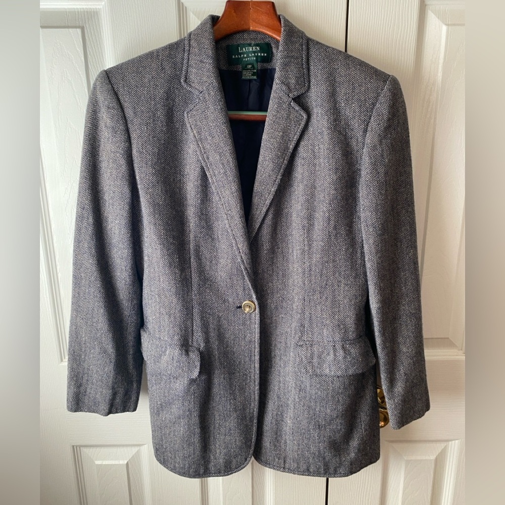 LAUREN RALPH LAUREN Gray Wool/Silk/Linen‎ Herringbone Single Breasted Blazer 10P